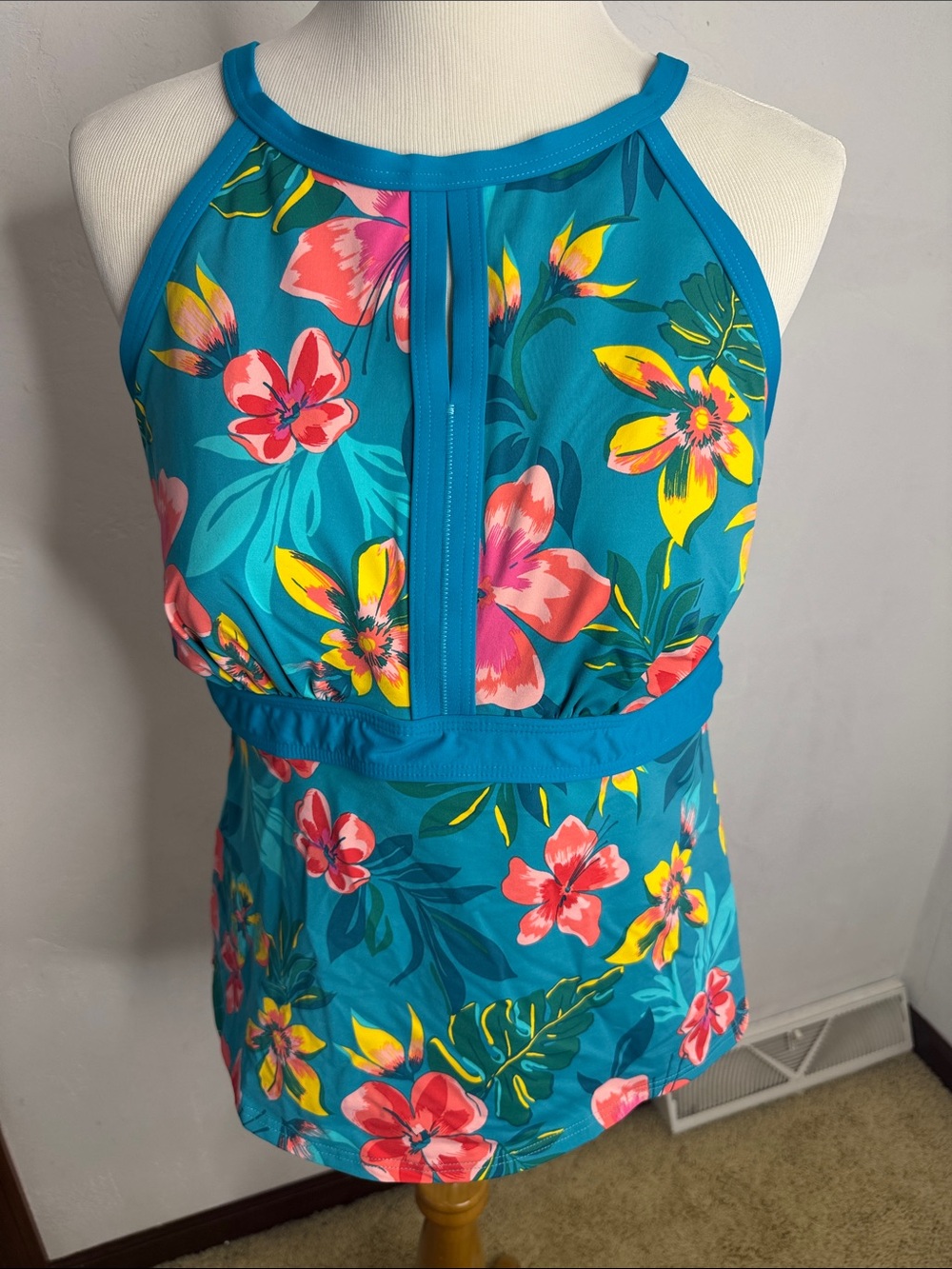 Lands' End Girls Teal Floral Halter One-Piece